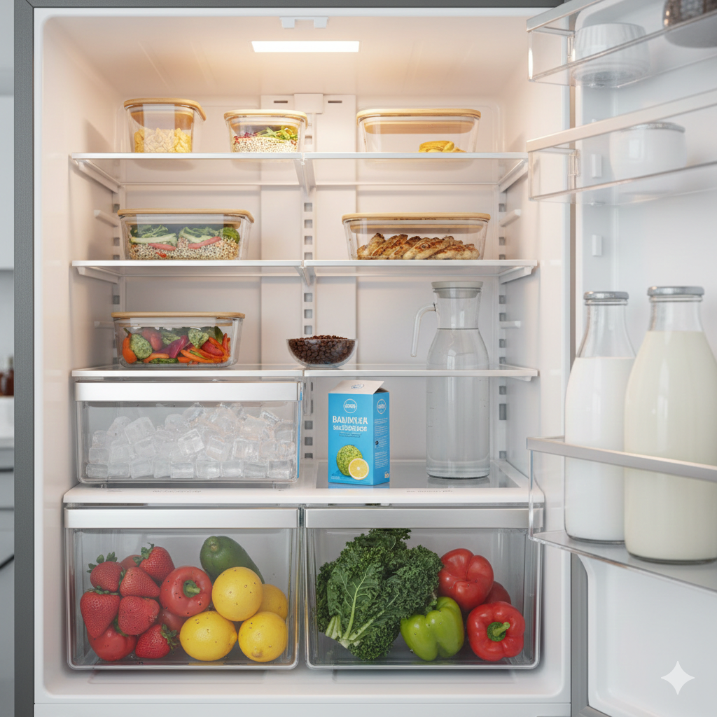 Interior de un refrigerador limpio y organizado con recipientes de vidrio, frutas frescas y verduras en cajones transparentes.