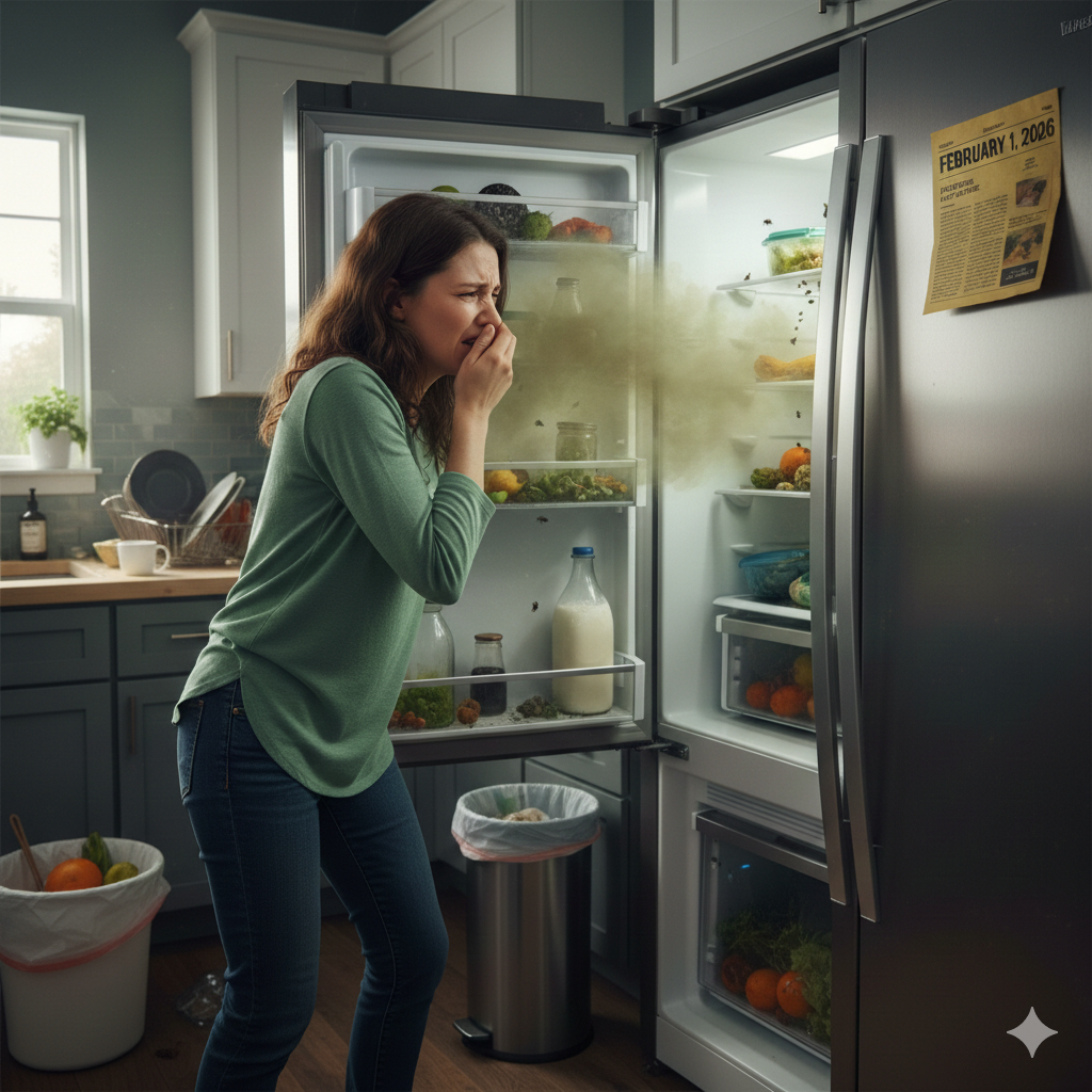 Mujer tapándose la nariz por el mal olor al abrir un refrigerador sucio con comida en mal estado.