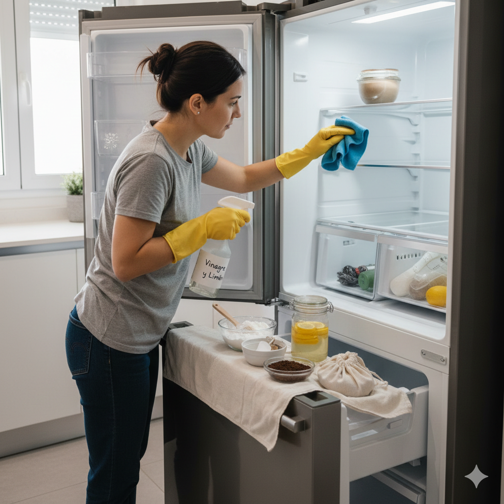 Mujer limpiando el interior de un refrigerador con una mezcla casera de vinagre y limón para eliminar bacterias.